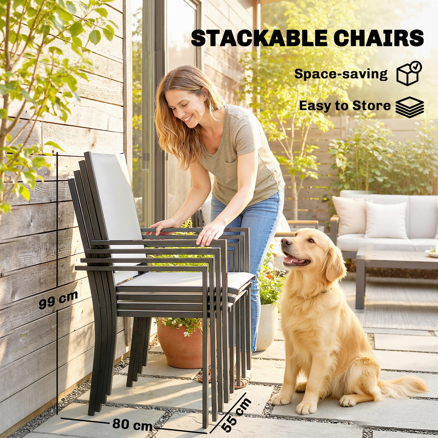 Outsunny Garden Dining Set for 4 with Umbrella Hole and Glass Top Table Stackable Chairs Light Grey