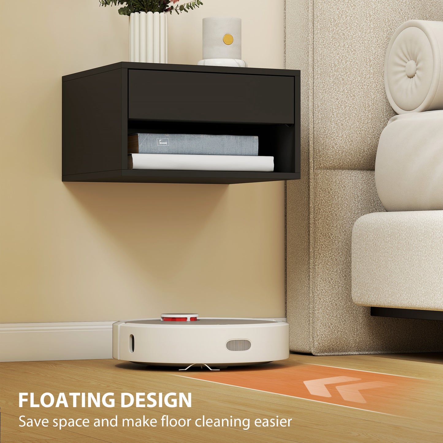 HOMCOM Floating Bedside Tables Set of Two Wall Mounted Nightstands Black Finish With Drawer and Open Shelf Space Saving