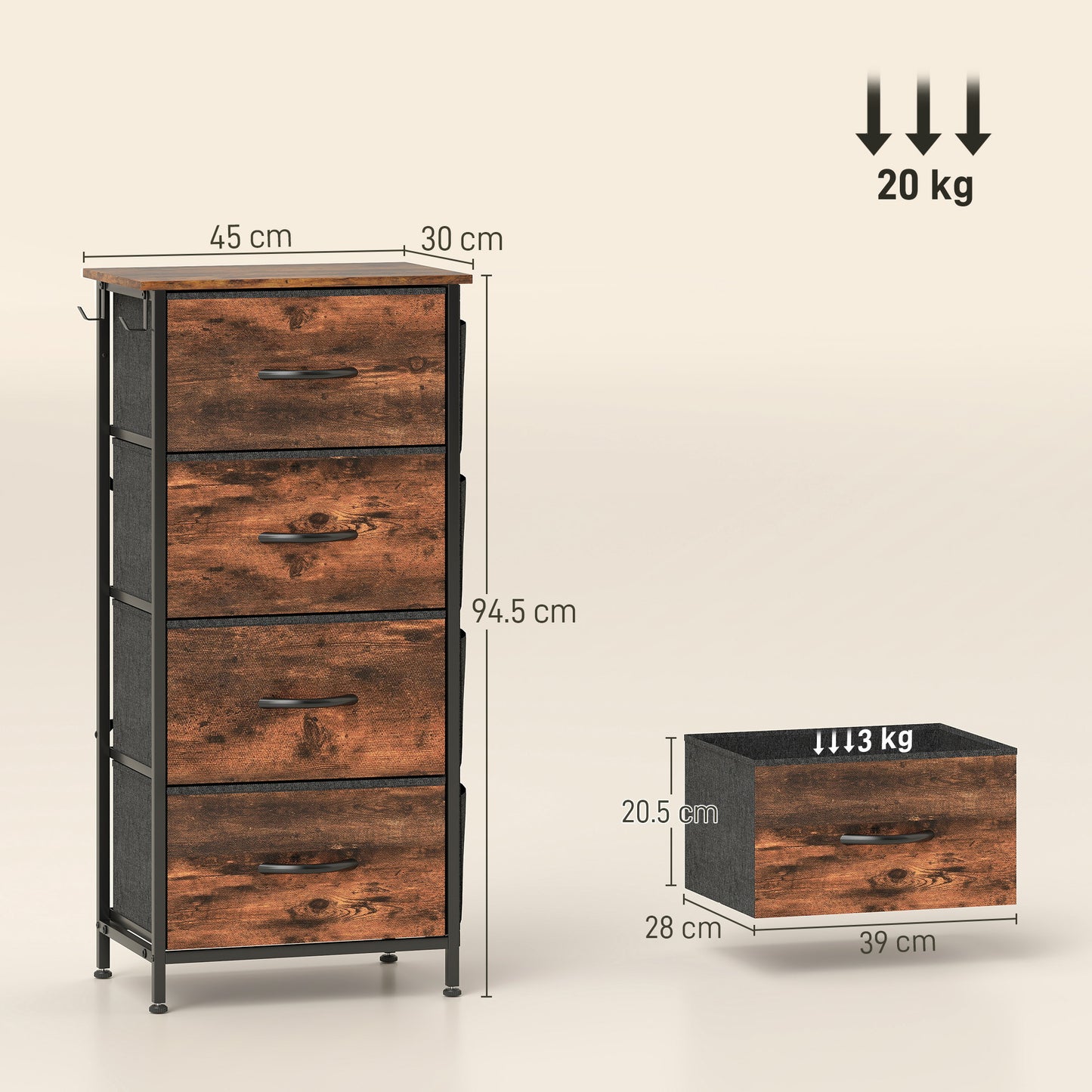 HOMCOM Chest Of Four Fabric Drawers With Steel Frame And X Shaped Support Bars For Bedroom Storage Rustic Brown