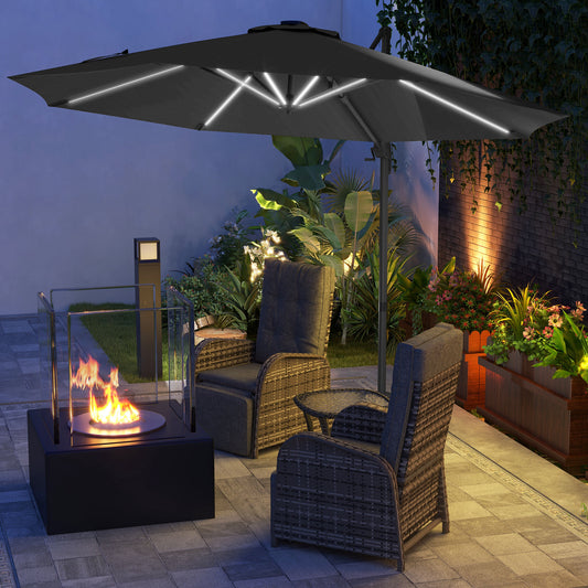 Outsunny Solar-Powered 3m Adjustable Cantilever Umbrella with Base and LED Lights, Dark Grey - ALL4U RETAILER LTD