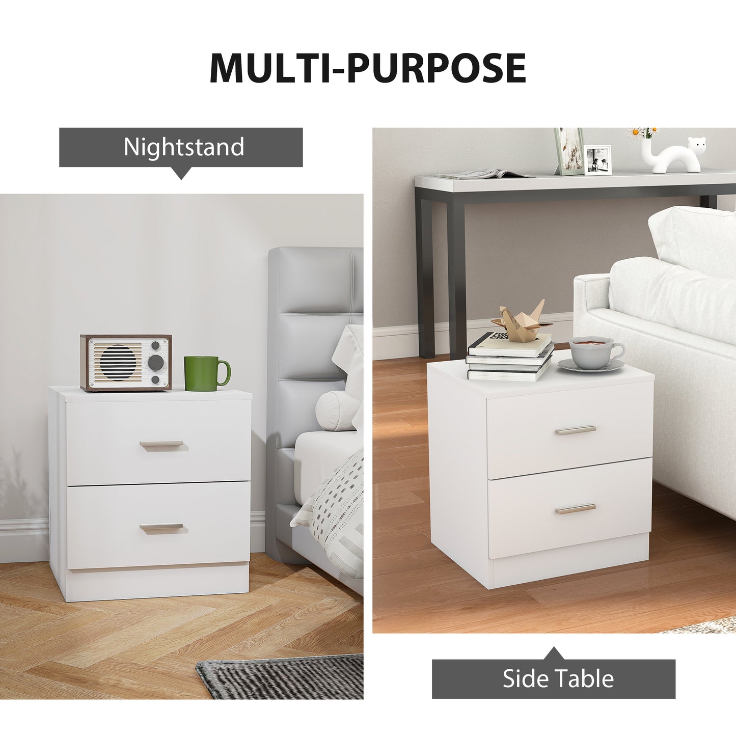 HOMCOM Set of 2 Modern Nightstands With 2 Storage Drawers White Bedside Tables for Bedroom and Living Room