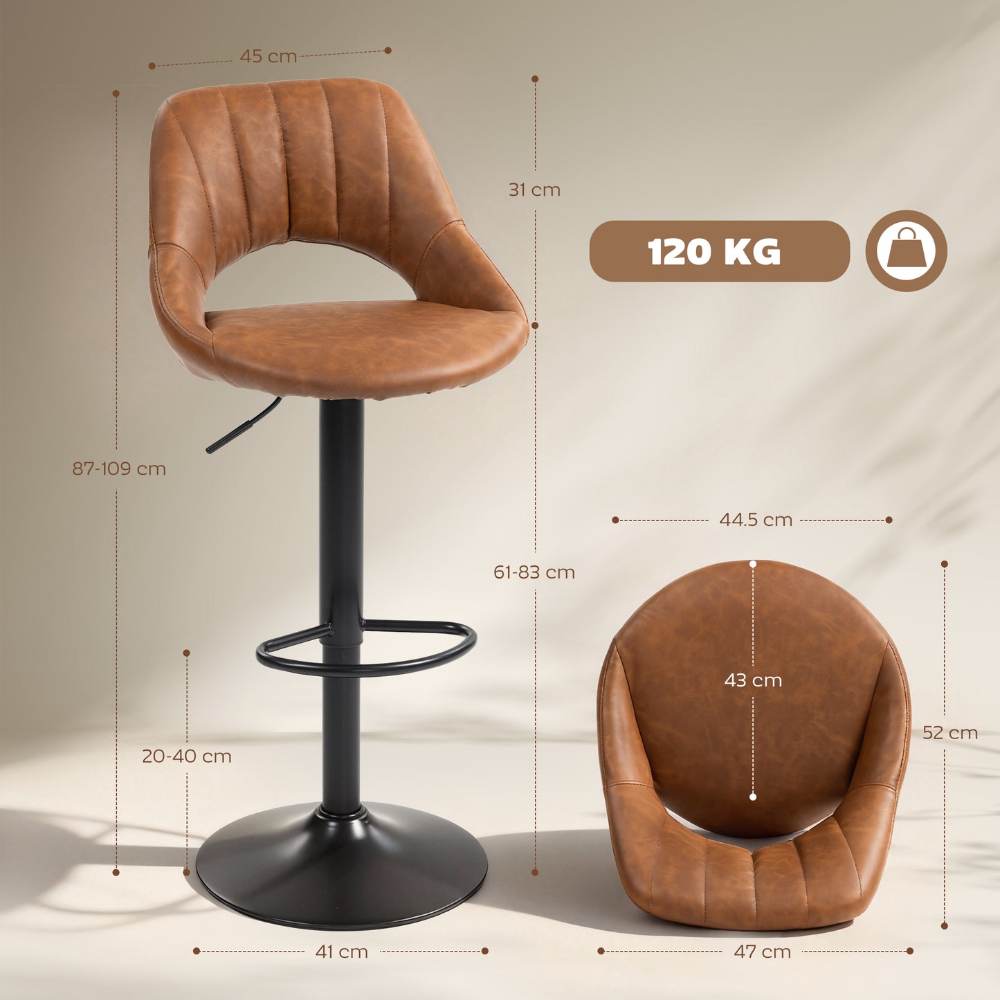 HOMCOM Set Of 2 Bar Stools With Backrest And Footrest PU Leather Swivel Kitchen Counter Stools Brown