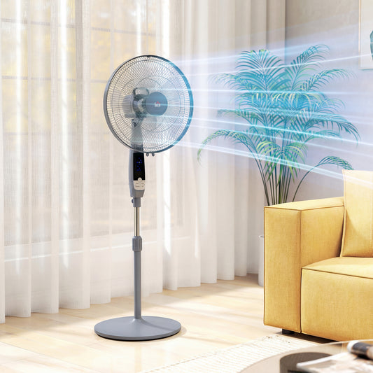 HOMCOM 16 Inch Pedestal Standing Floor Fan With Remote Control 85 Degree Oscillation 3 Speed Settings Grey
