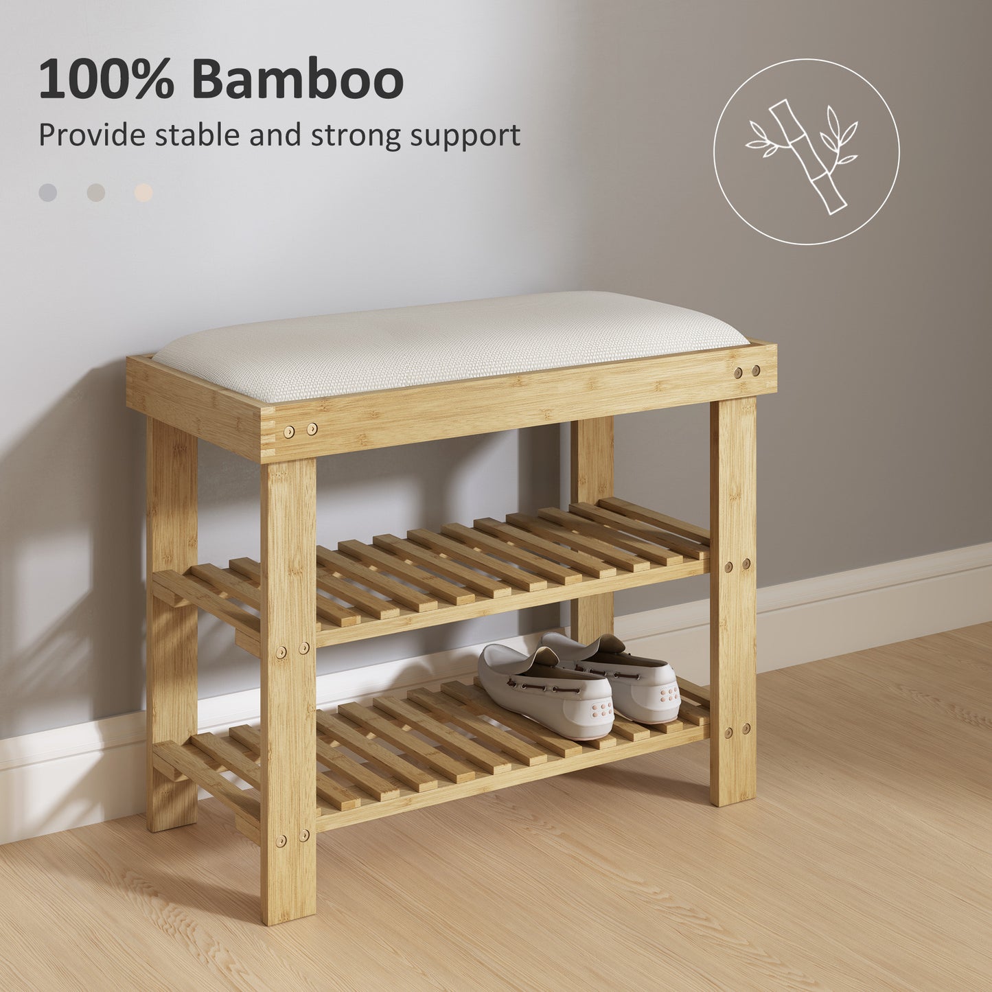 HOMCOM Bamboo Shoe Storage Bench 3 Tier With Seat Cushion Cream White for Entryway Hallway Living Room Bedroom