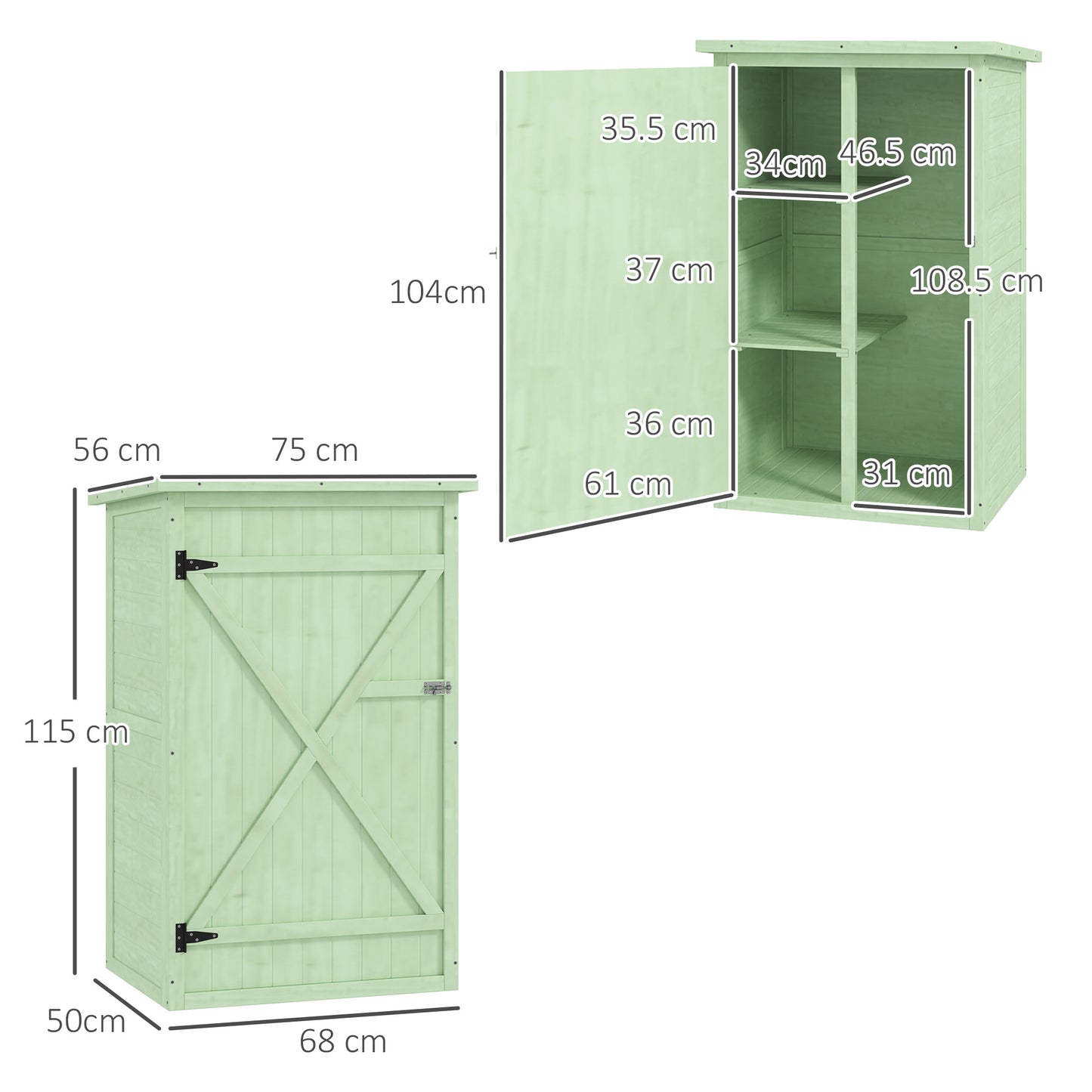 Outsunny Wooden Small Garden Shed With Shelves And Bolt Latch For Compact Tool Storage 75L x 56W x 115H CM Green