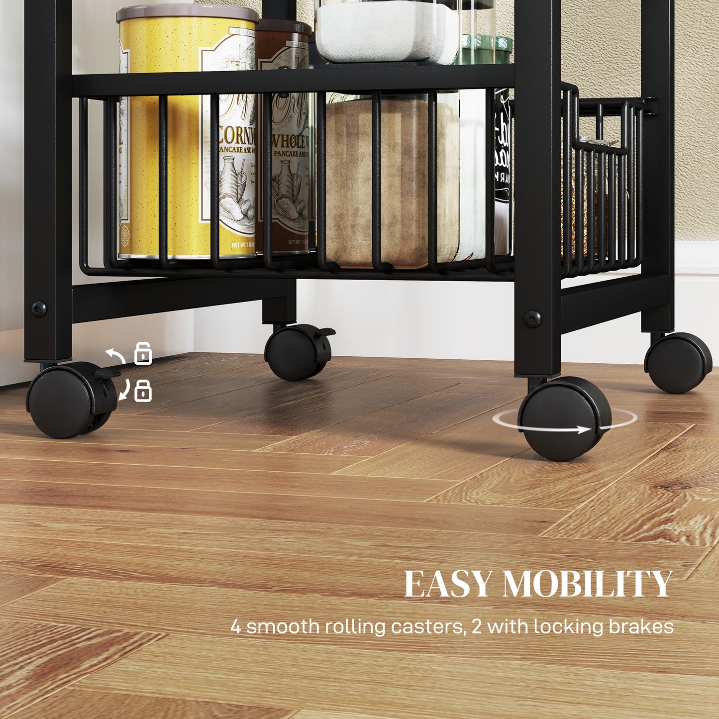 HOMCOM Four Basket Mobile Kitchen Island With Brakes Grey And Black With Marble Effect Countertop