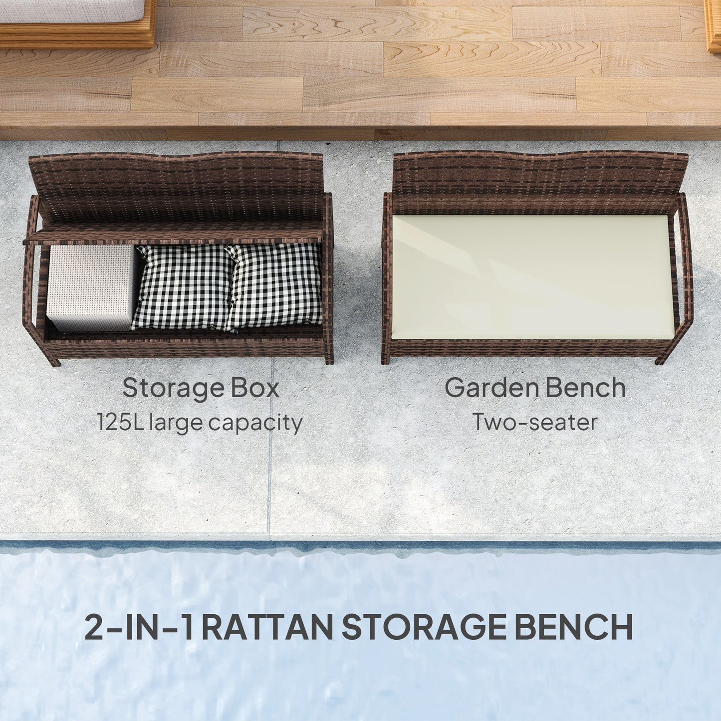 Outsunny 125L Storage Garden Bench With Cushion Brown Rattan Outdoor Two In One Design