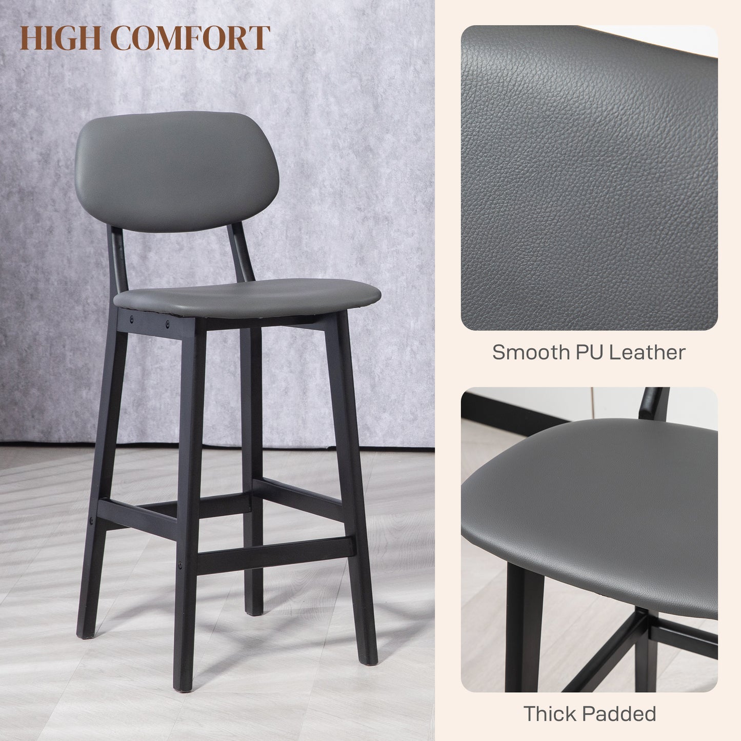 HOMCOM Set of 2 Modern Dark Grey Faux Leather Bar Stools with Backrest and Wooden Legs - ALL4U RETAILER LTD