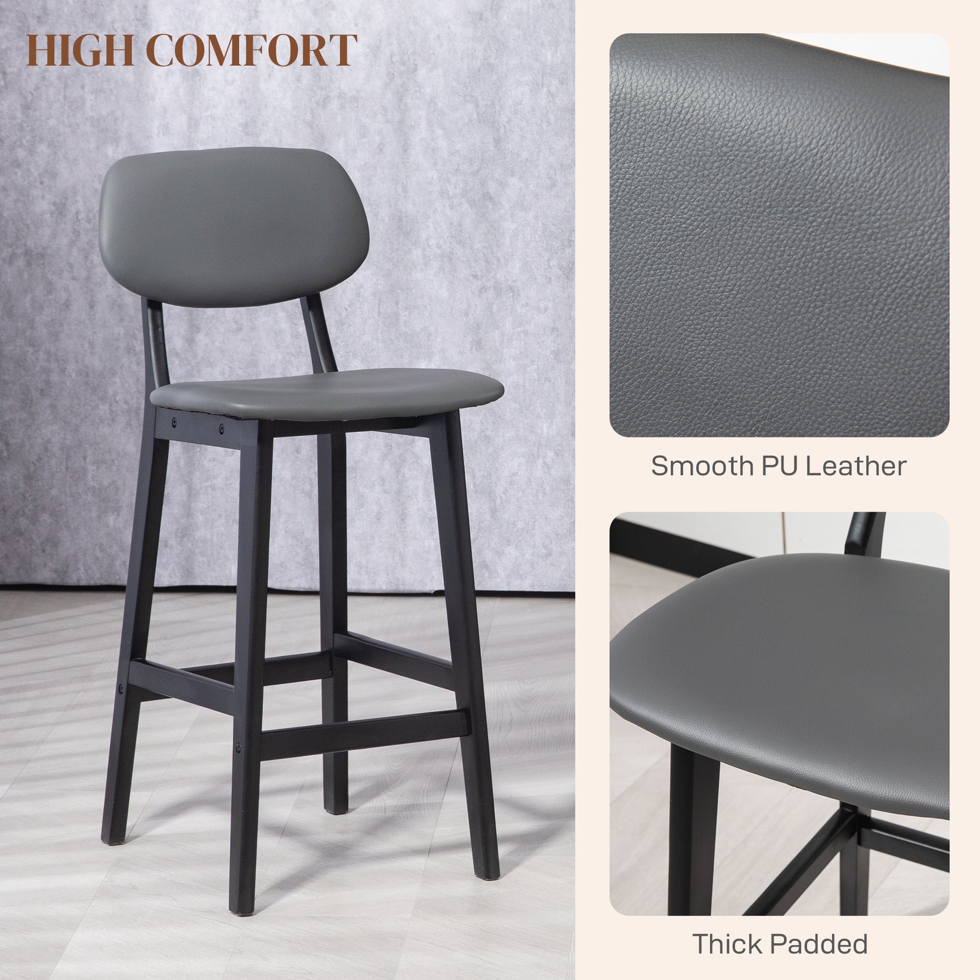 HOMCOM Set of 2 Modern Dark Grey Faux Leather Bar Stools with Backrest and Wooden Legs - ALL4U RETAILER LTD