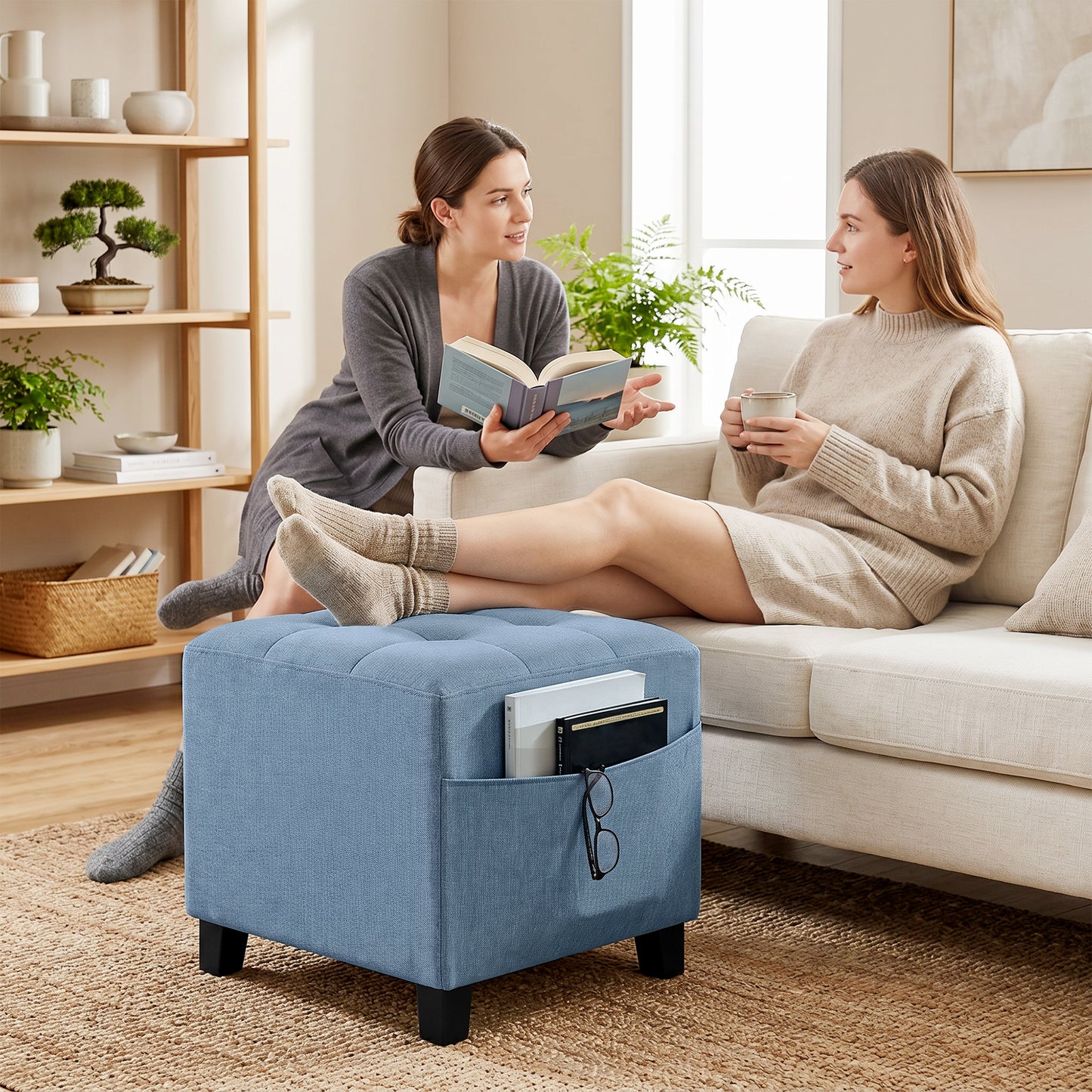 HOMCOM Small Ottoman Square Footstool With Side Pocket Rubber Wood Legs And Padded Seat Dark Blue