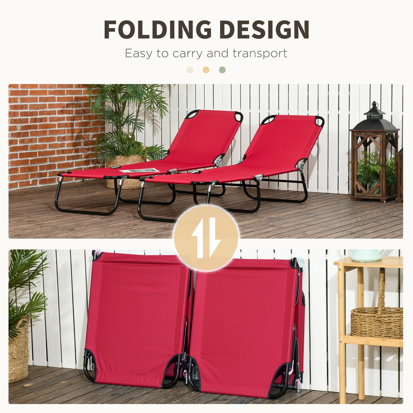 Outsunny Set Of Two Folding Sun Loungers Red With Five Position Reclining Backs And Powder Coated Steel Frames