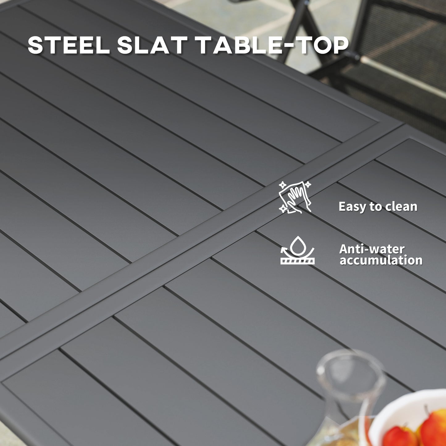 Outsunny Rectangle Garden Table With Slat Top Steel Frame Outdoor Table For Six People 150 x 80 x 74 Cm Grey