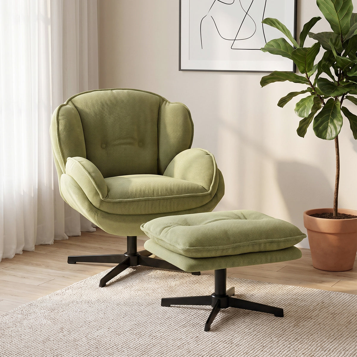 Green swivel armchair with padded seat and rounded arms plus matching footstool