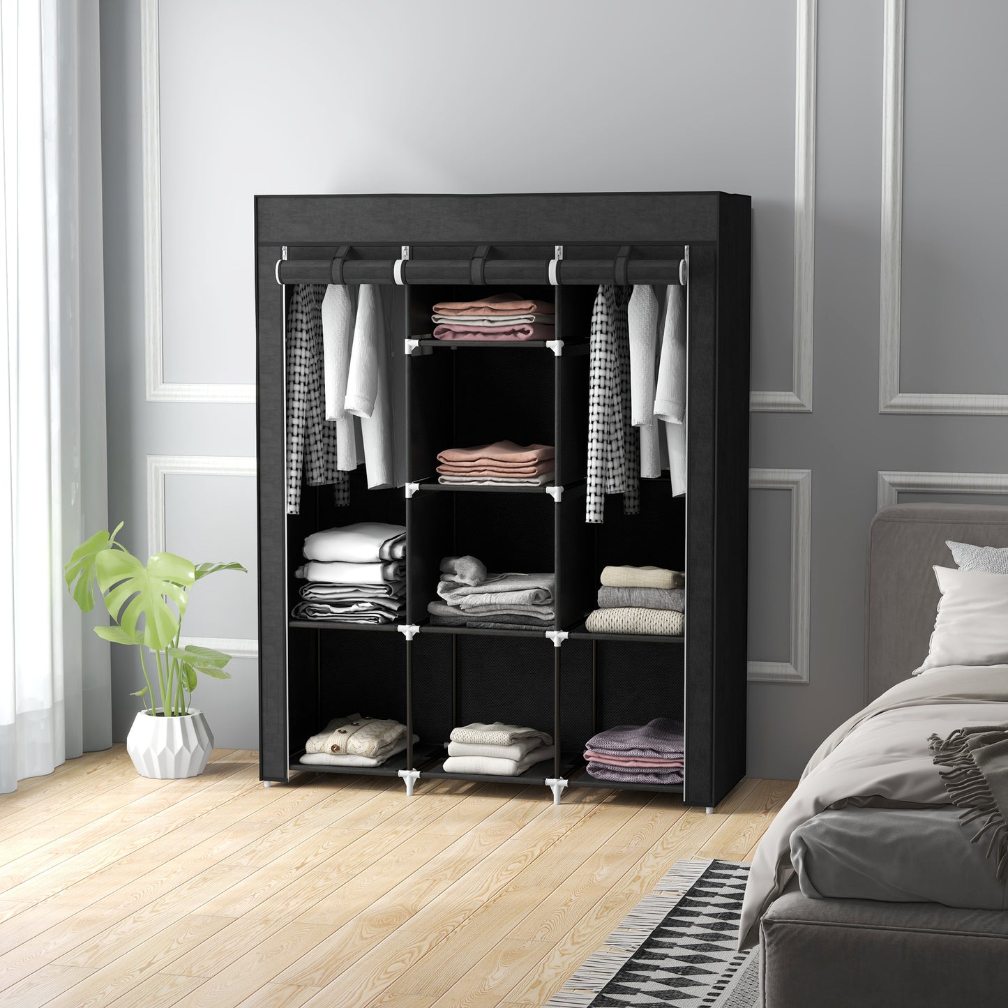 HOMCOM Fabric Wardrobe With Rails And Shelves In Black, Dustproof Fabric Closet Organizer With Roll Up Door