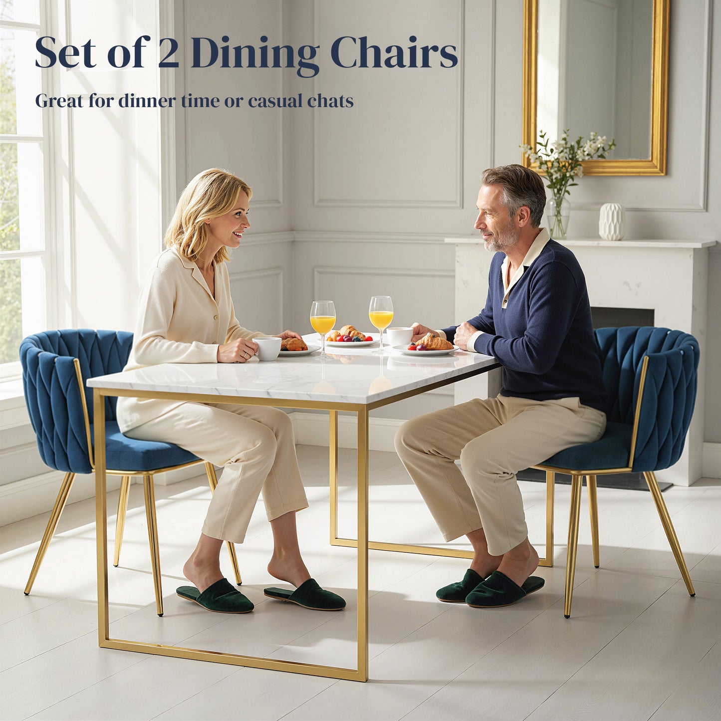 HOMCOM Velvet-Feel Dining Chairs Set of 2 with Knot Back and Gold Legs, Dark Blue