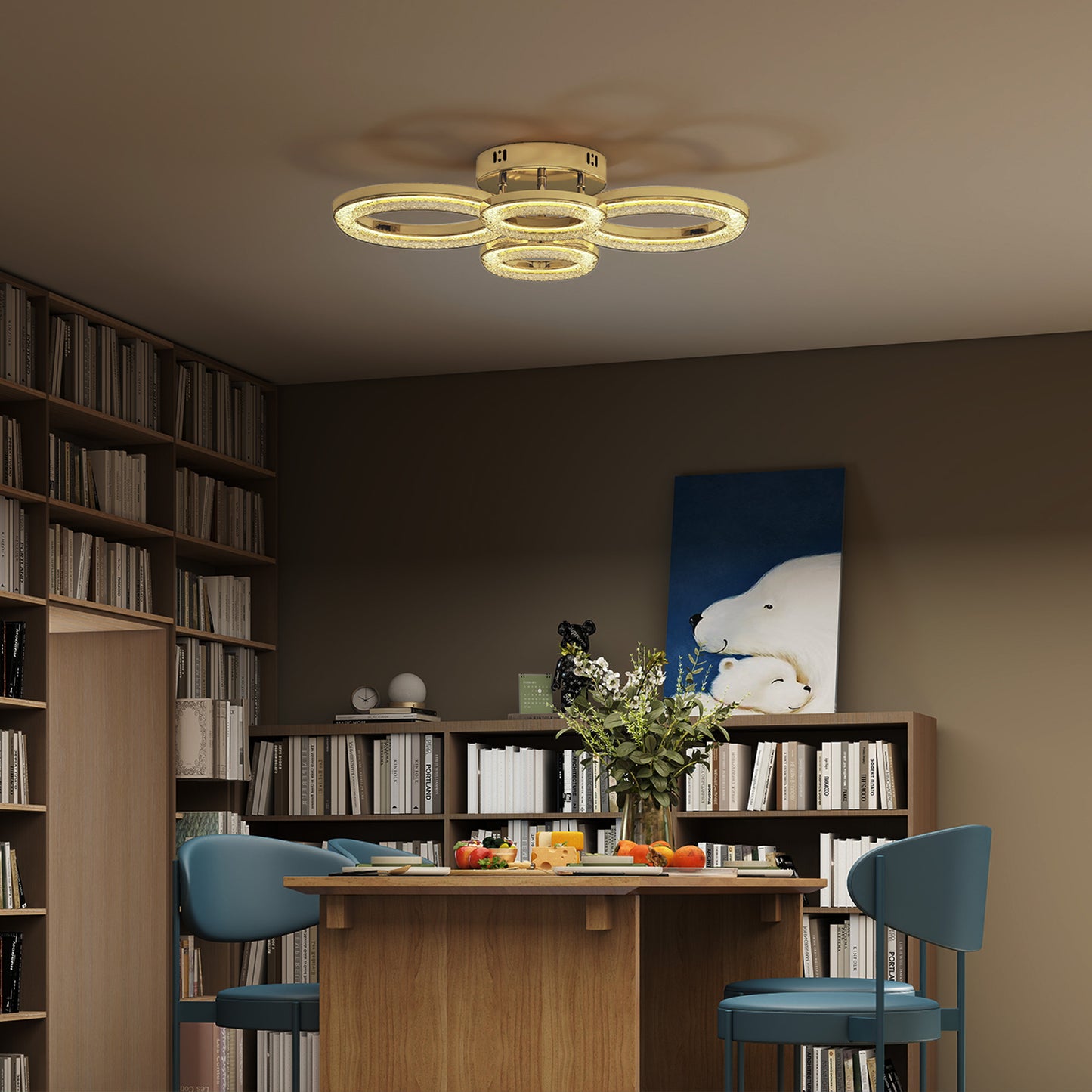 HOMCOM LED Ceiling Light 4 Ring Modern Flush Mount With Wall Switch Control 40W 4350lm 3500K 4500K 6000K Gold Tone