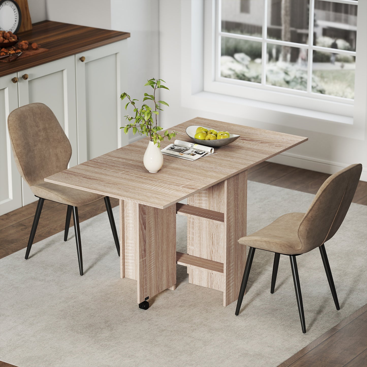 HOMCOM Folding Dining Table Set With Storage Shelves And Velvet Upholstered Chairs Natural Wood Finish