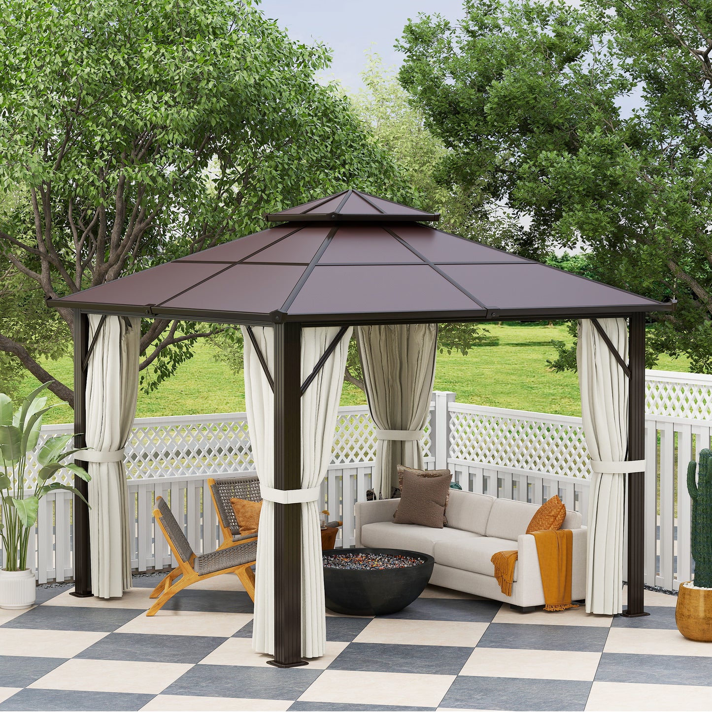 Outsunny 3x3m Hardtop Gazebo With UPF30 Polycarbonate Roof Aluminum Frame Pavilion Mosquito Netting Curtains Beige