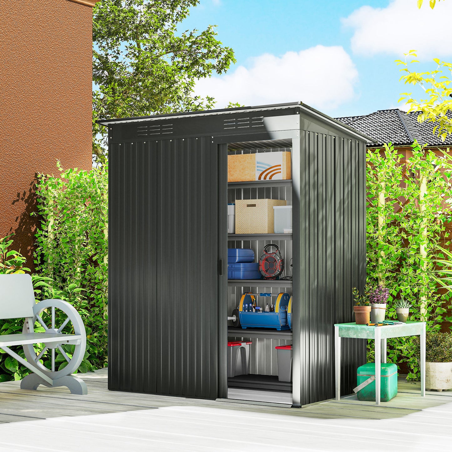 Outsunny Metal Garden Storage Shed Five By Three And A Half Feet With Effortless Assembly Waterproof Dark Grey Gloves