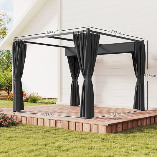 Outsunny 3x3 Meter Retractable Pergola Gazebo With Curtains For Patio Deck Garden Charcoal Grey