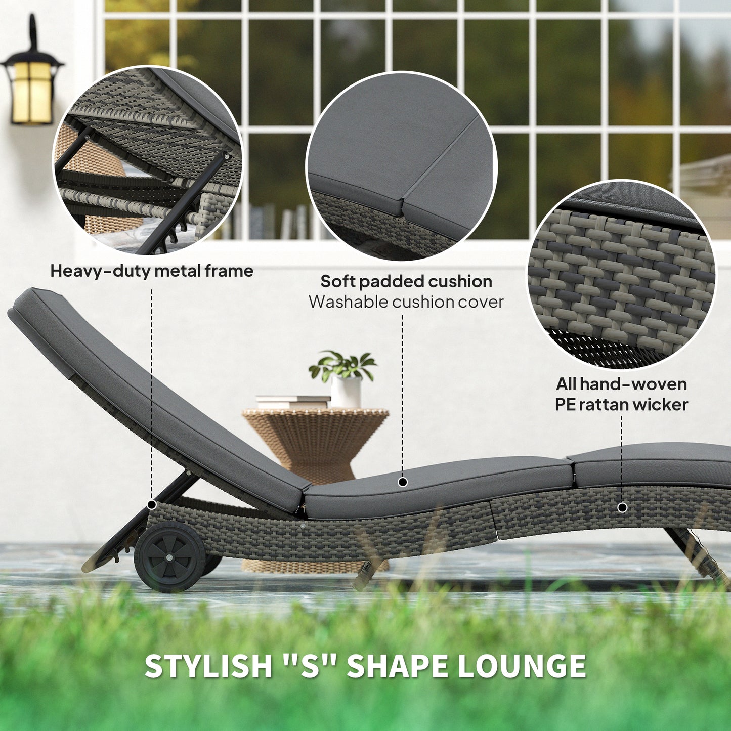 Outsunny Patio Wicker Chaise Lounge Chair Outdoor PE Rattan Sun Lounger With Adjustable Backrest And Wheels Dark Grey