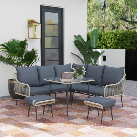 Outsunny Six Piece Rattan Garden Sofa Set Grey With Square Table And Footstools