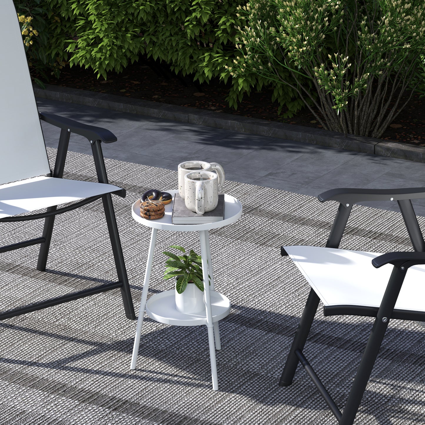 Outsunny White Two Tier Metal Garden Table For Indoor And Outdoor Use Weather Resistant Round Bistro