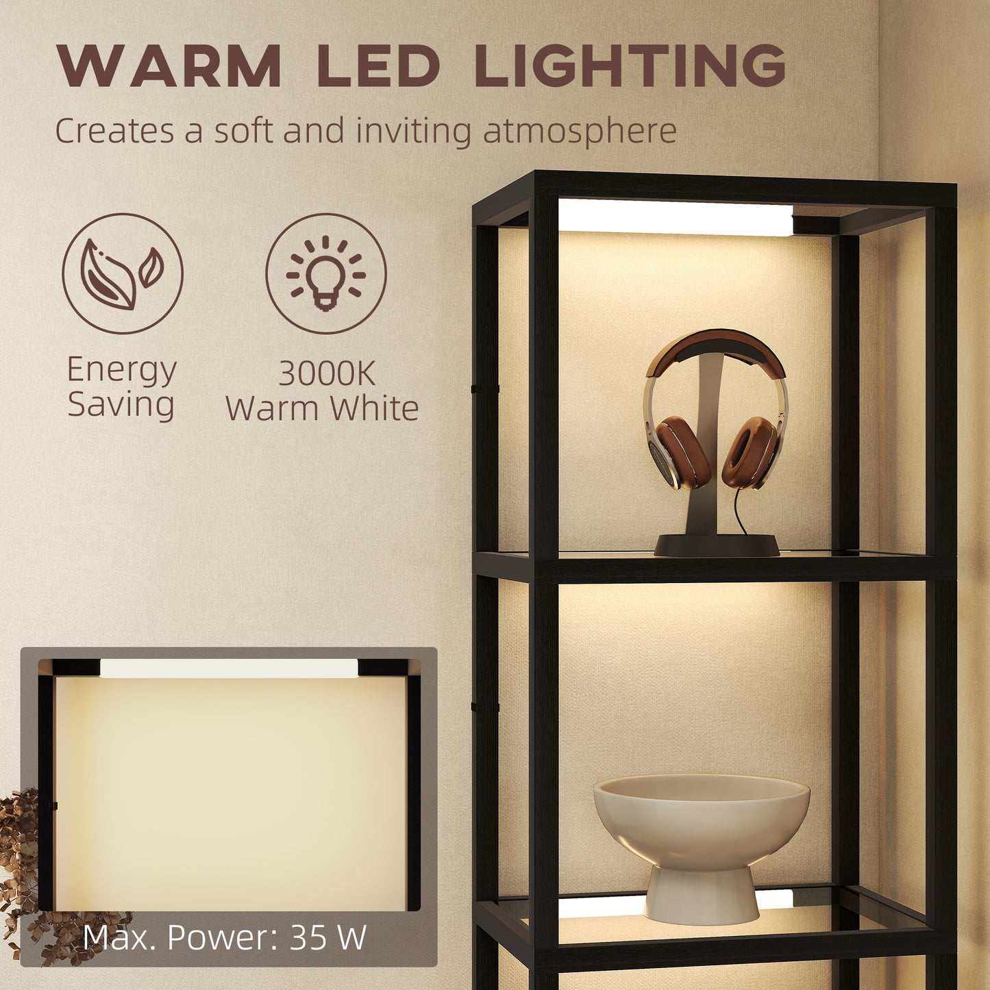 HOMCOM Four Shelf Floor Lamp With Four Warm White LEDs And Storage Shelves And Tempered Glass Black Finish