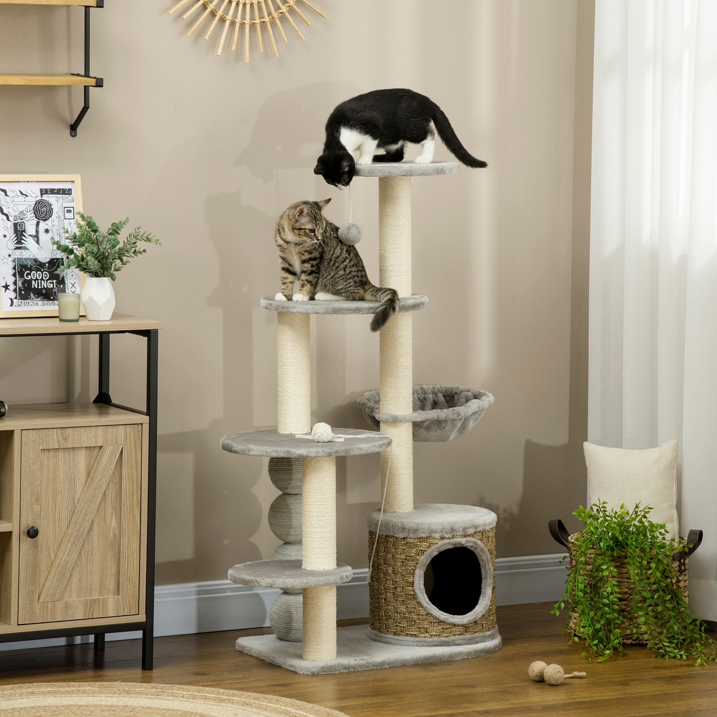 PawHut Light Grey Cat Climbing Tower with Cozy Hammock and Fluffy Condo, 115cm Activity Centre for Kittens - ALL4U RETAILER LTD