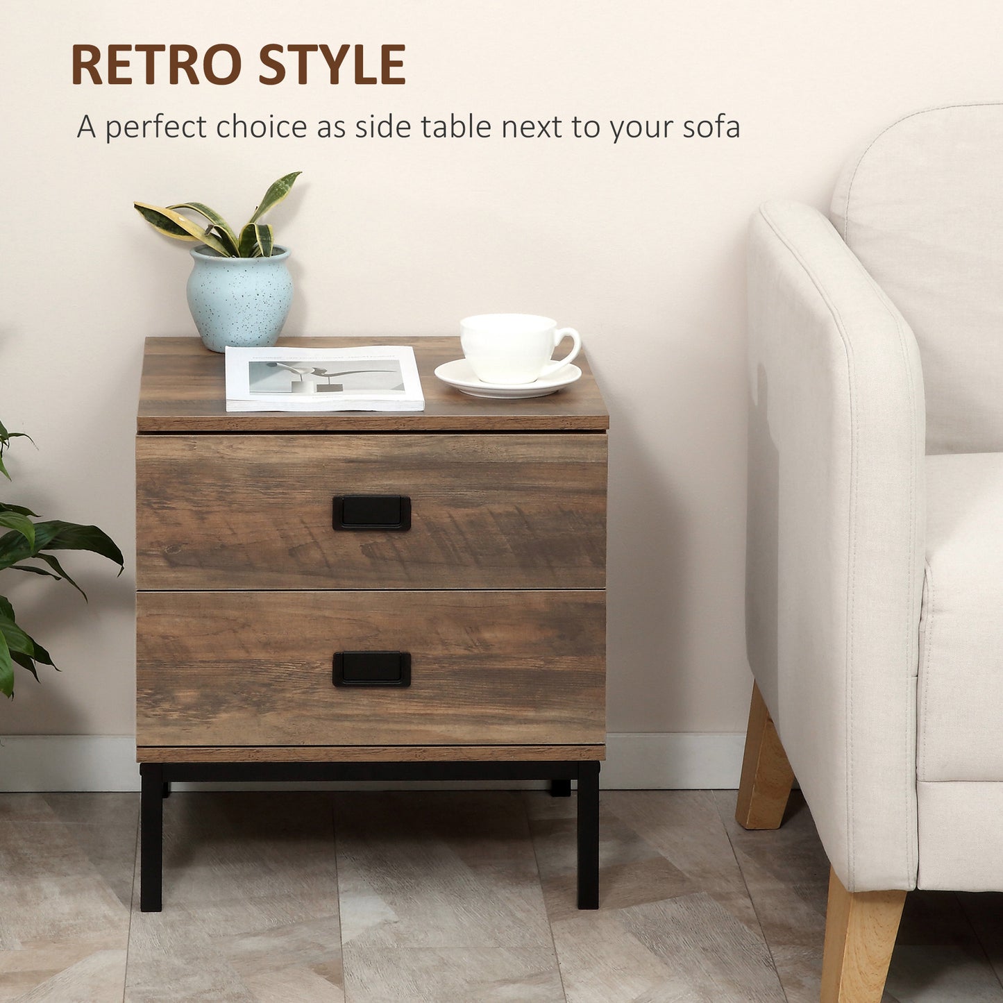 HOMCOM Rustic Wood Effect Chest Of Drawers And Nightstand Set With Four Drawers And Two Drawers Black Metal Frame