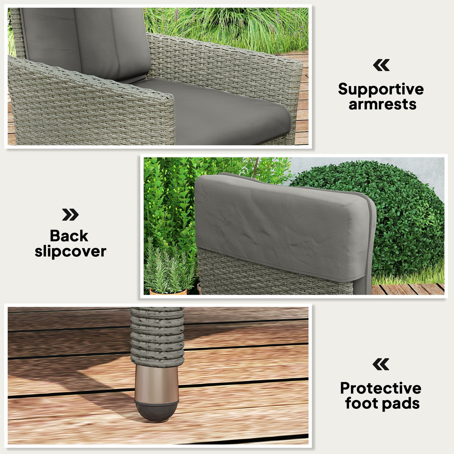 Outsunny Reclining Rattan Chair 105 To 150 Degrees Backrest Grey Cushioned Outdoor Lounger