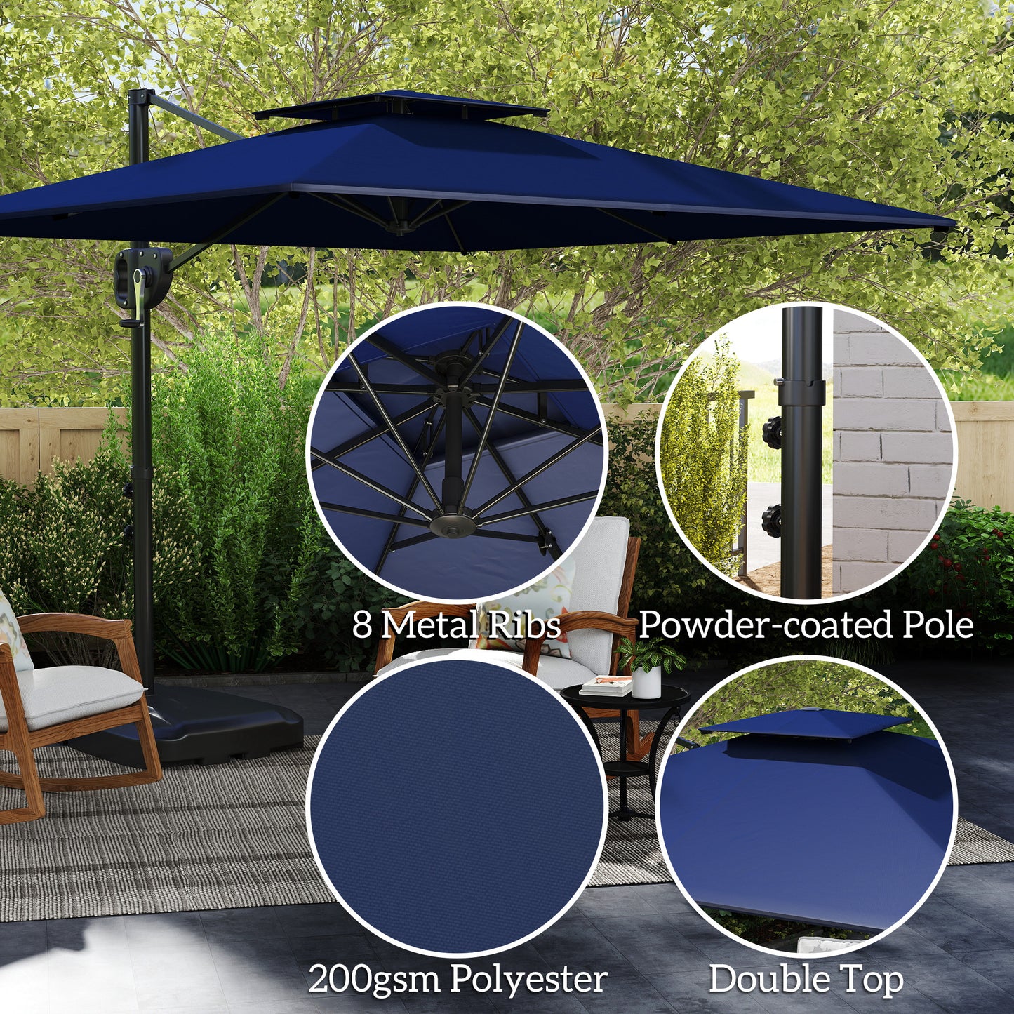Outsunny Cantilever Parasol With Weighted Base Dark Blue Parasol Double Top Square Hanging Patio Umbrella Crank Tilt