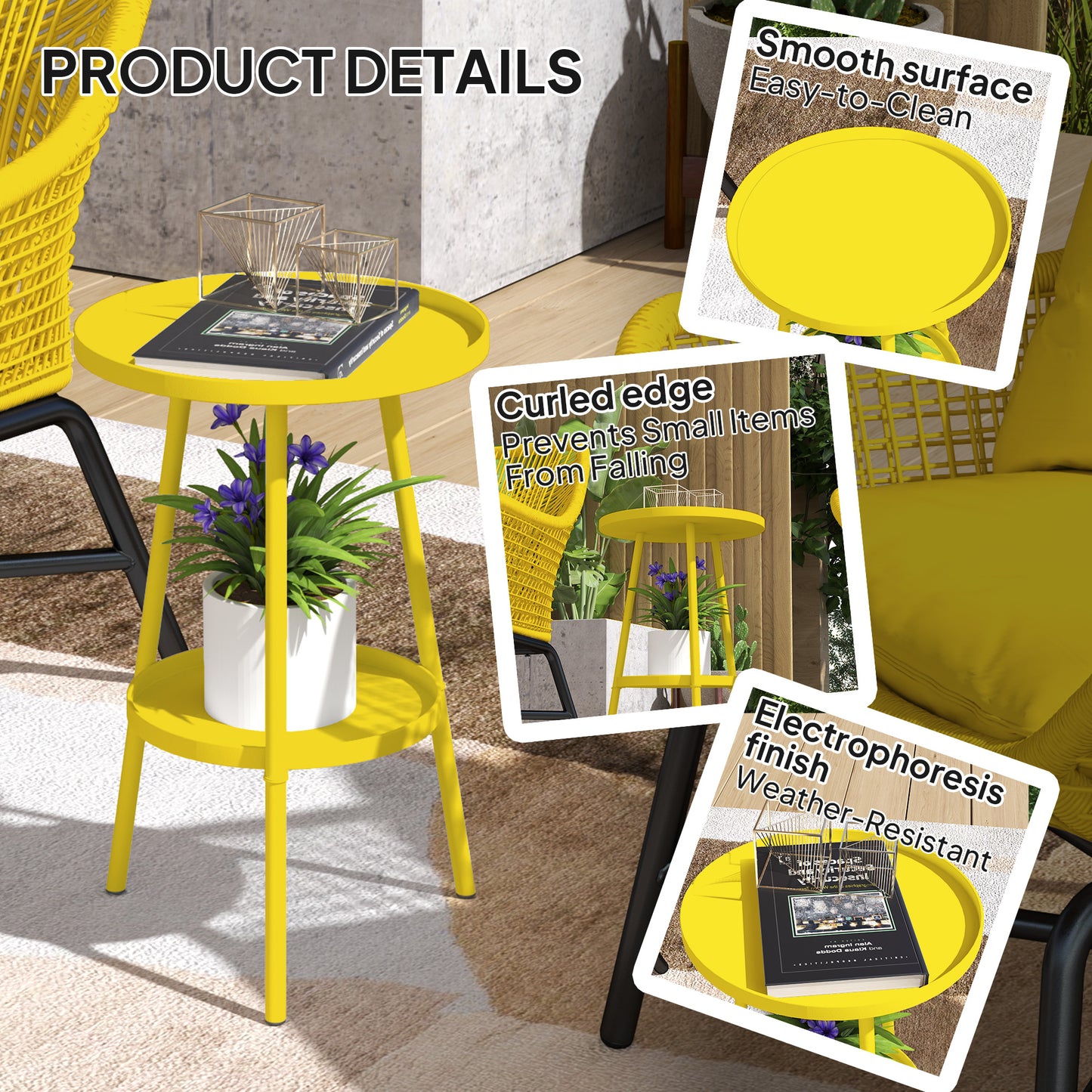 Outsunny Two Tier Metal Garden Table Yellow Indoor Outdoor Weather Resistant Patio Accent