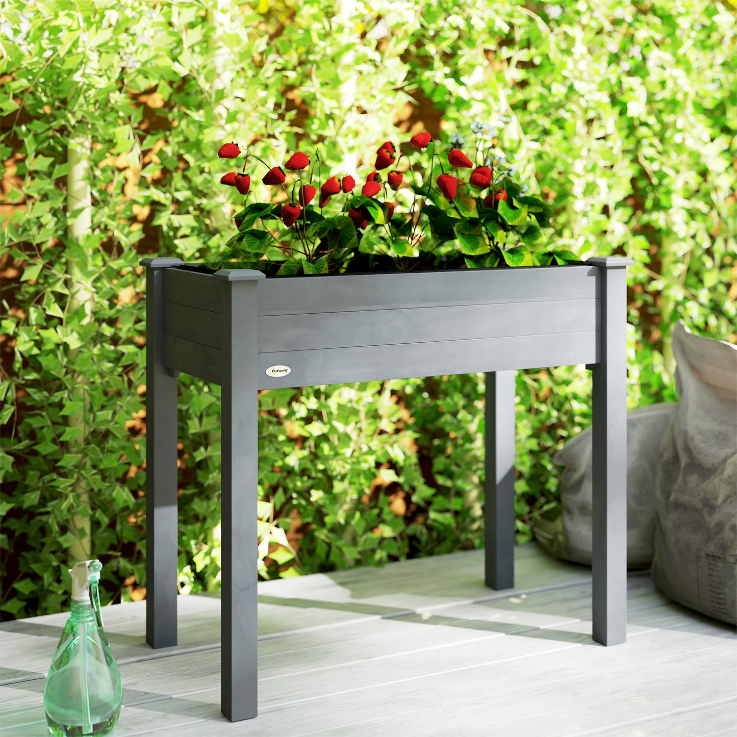 Outsunny Raised Garden Bed Wooden Elevated Planter Box With Bed Liner For Flowers Vegetables Herbs Dark Grey
