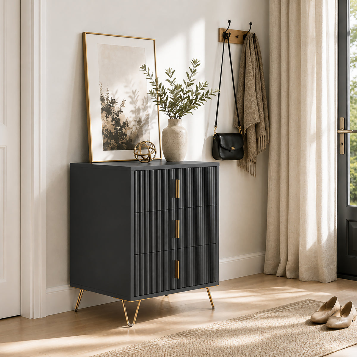 Homcom Modern Fluted 3 Drawer Dresser With Metal Legs For Bedroom Black