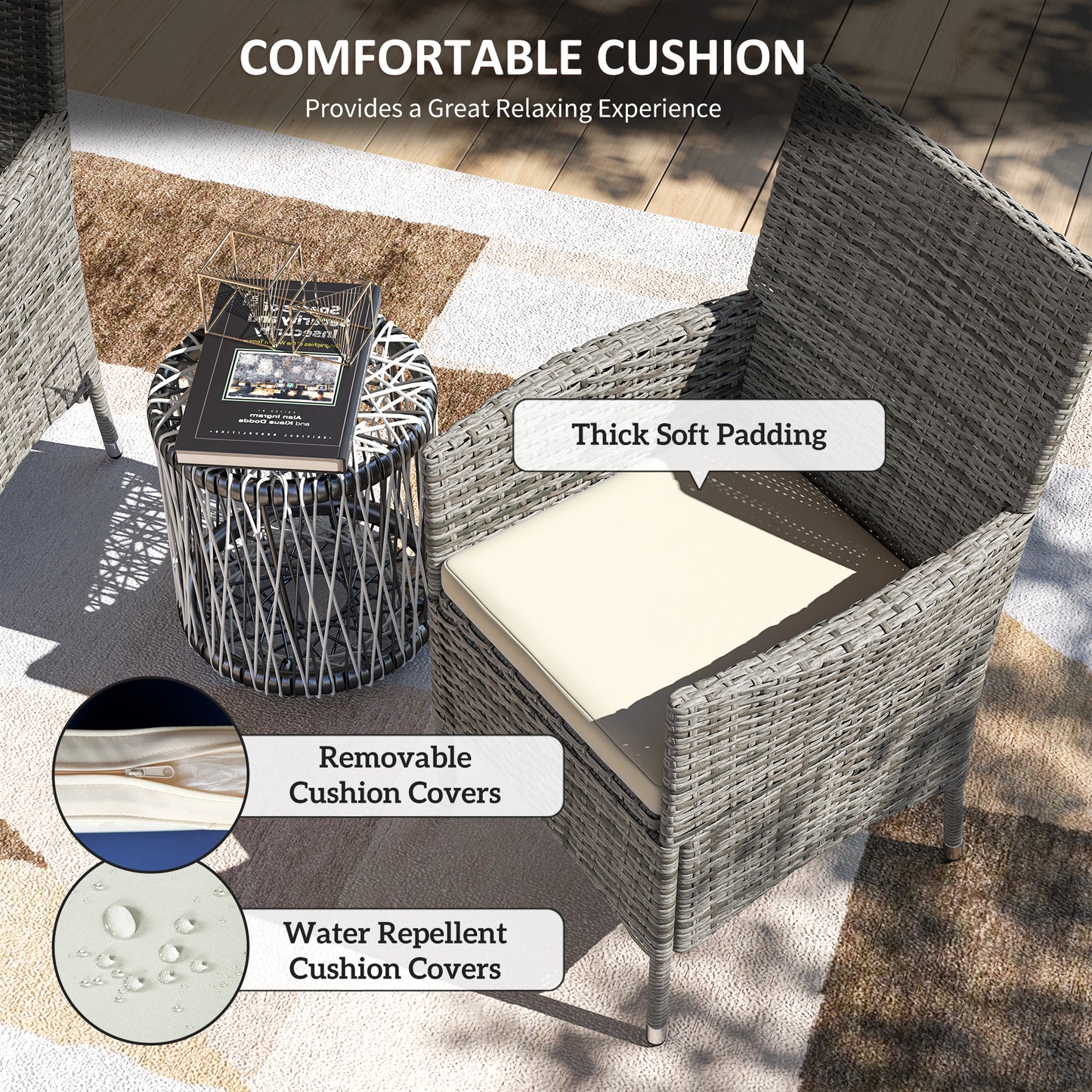 Outsunny Two Piece Rattan Garden Chairs Dining Set With Cushions Mixed Grey For Outdoor Patio Use