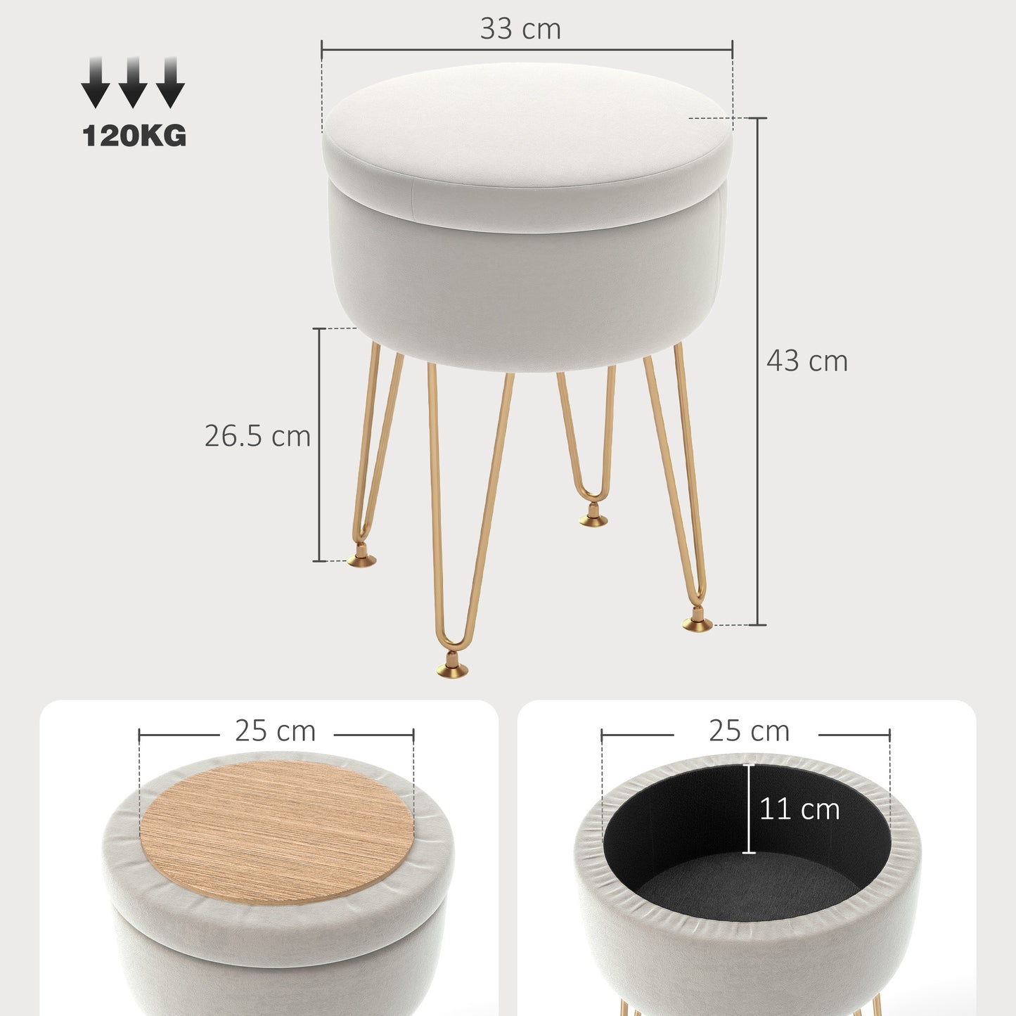 HOMCOM Velvet Feel Storage Ottoman 5L Cream White With Gold Hairpin Legs Luxurious Upholstery
