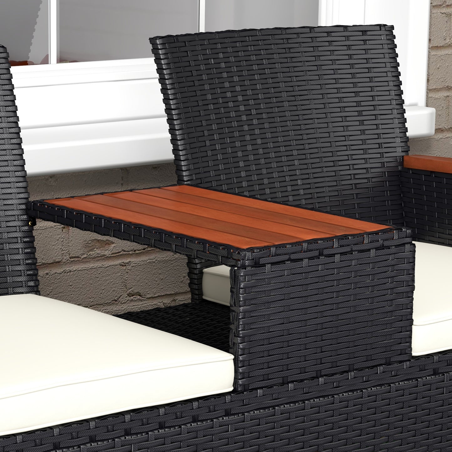 Outsunny Black Rattan Loveseat with Wooden Middle Table for Two - ALL4U RETAILER LTD