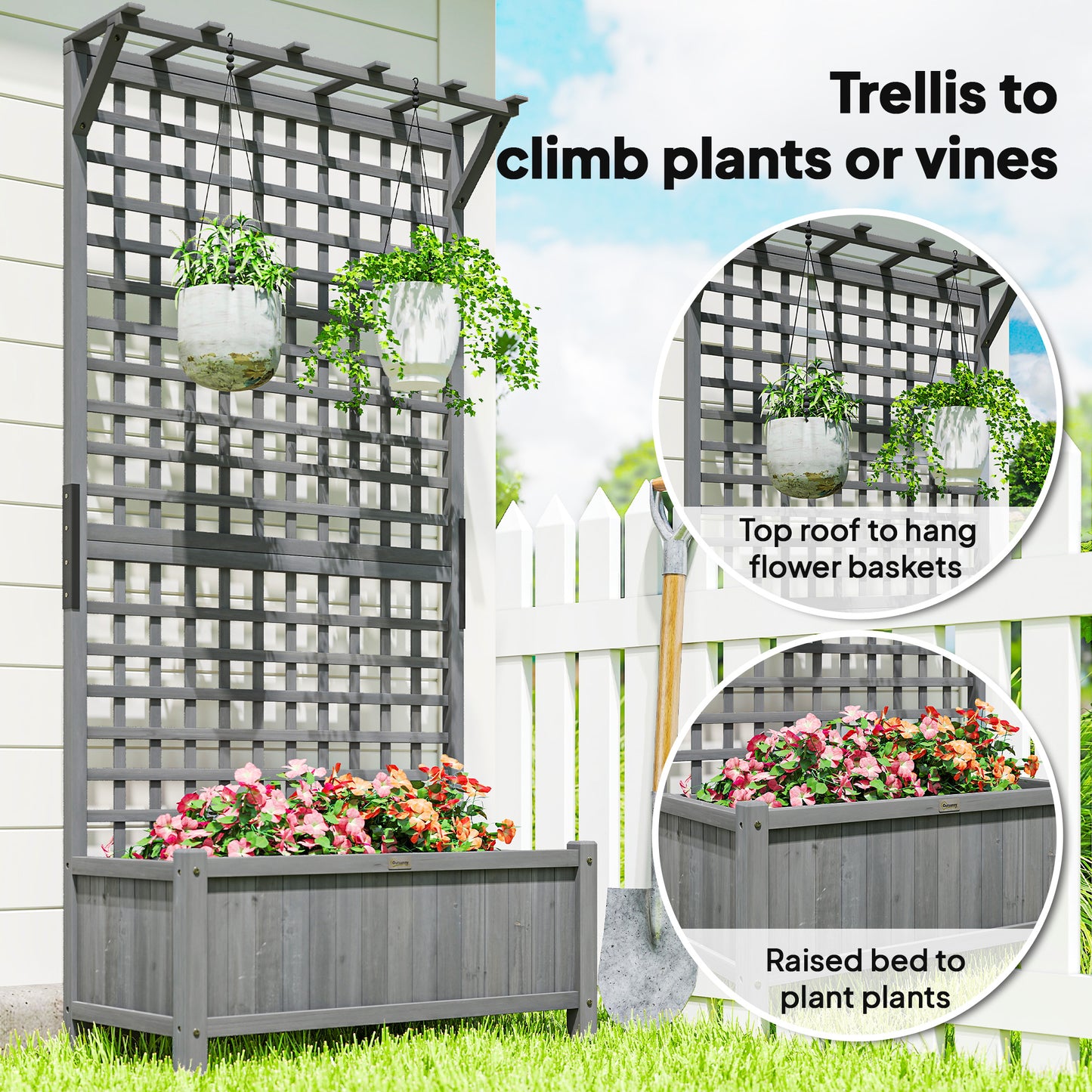 Outsunny Raised Bed Planter With Trellis For Climbing Plants Drainage Holes Dark Grey Fir Wood Planter