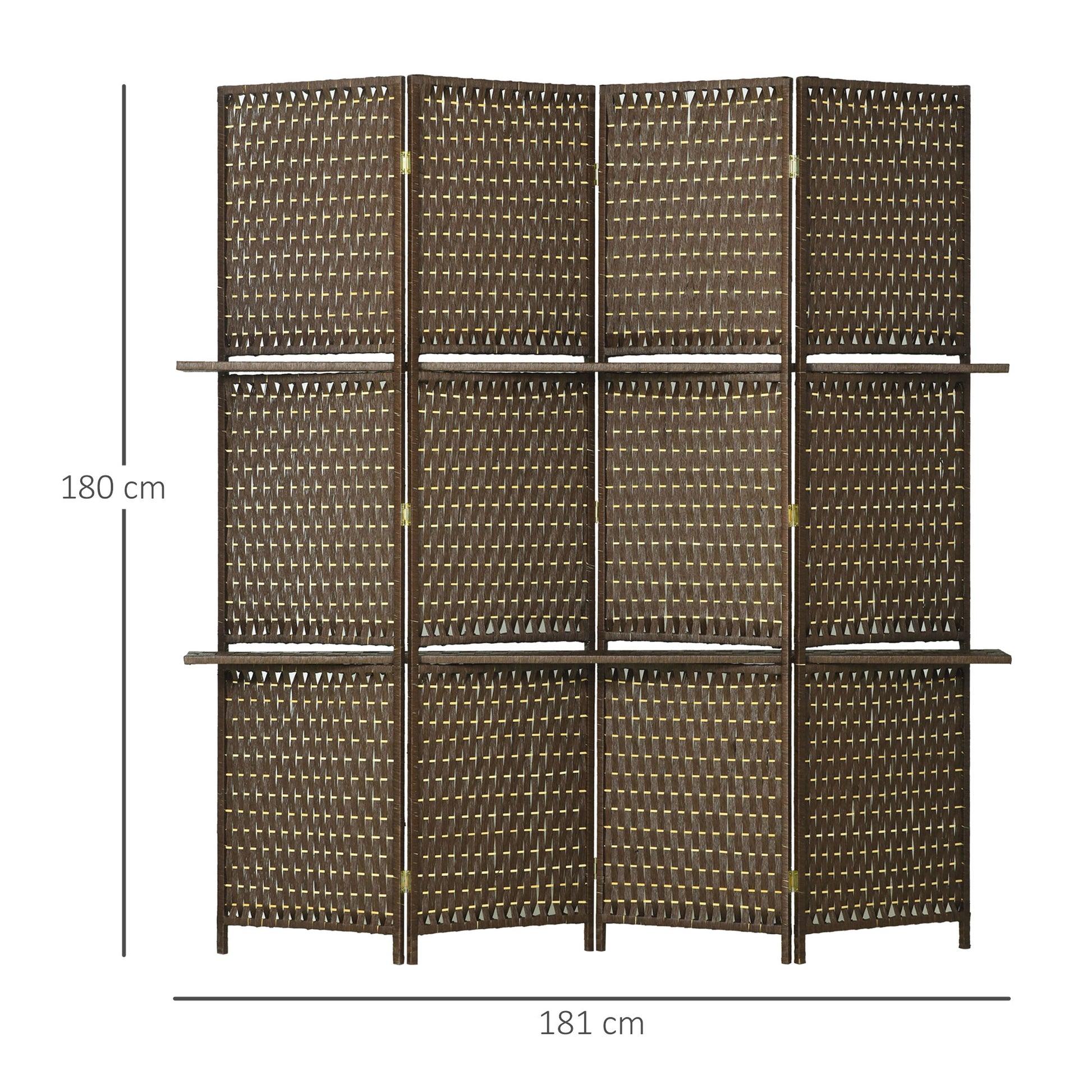 HOMCOM 4-Panel Freestanding Room Divider with Shelves - Brown Wicker Effect Privacy Screen - ALL4U RETAILER LTD