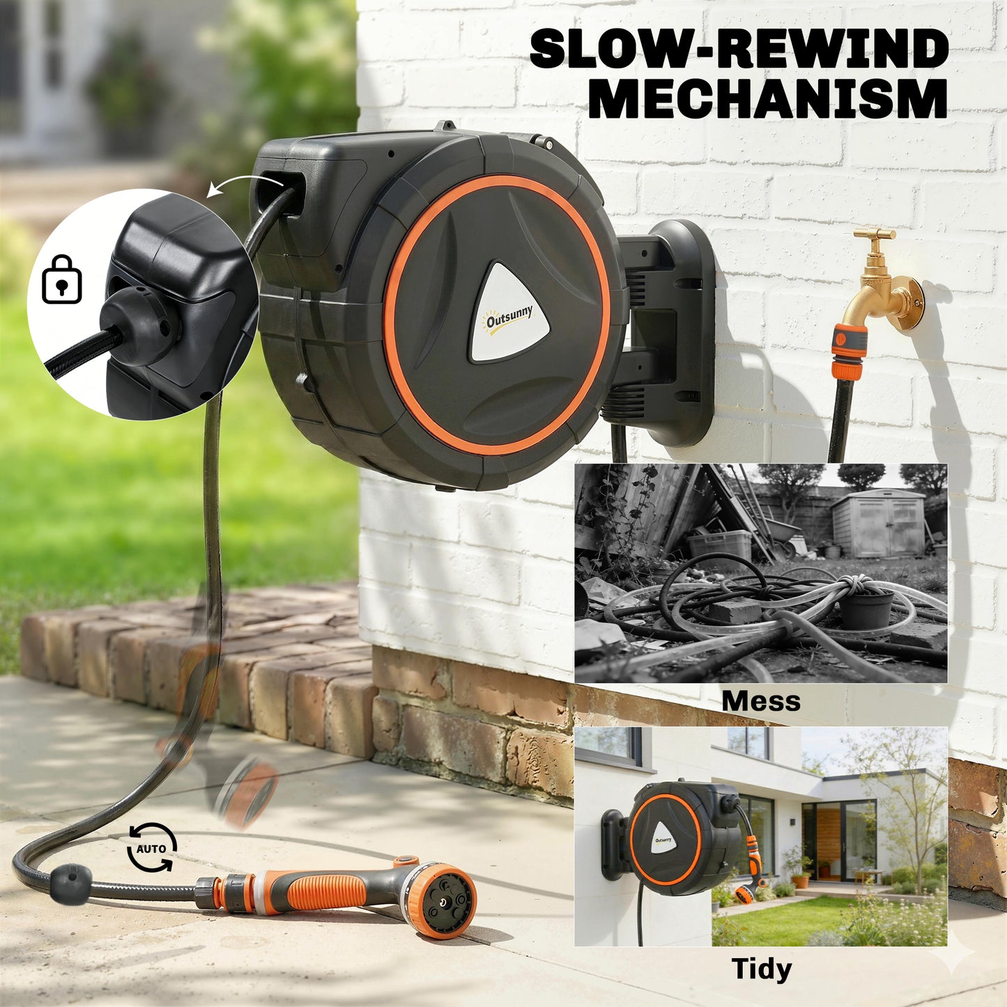 Outsunny Retractable Hose Reel Wall Mounted With Auto Retraction Self Locking Slow Return 12 Pattern Nozzles 23m Hose