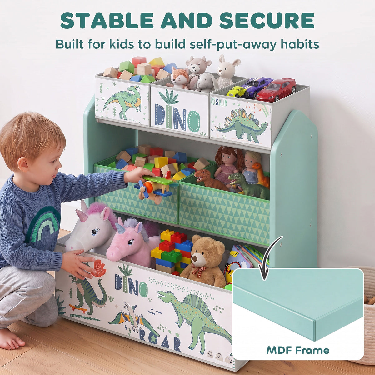 Light green toy storage rack with dinosaur drawers, kid organizing toys