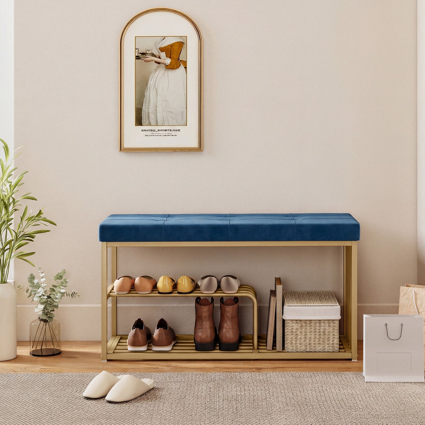 HOMCOM Tufted Velvet Shoe Storage Bench With Gold Steel Frame For Entryway Dark Blue Two Tier Storage