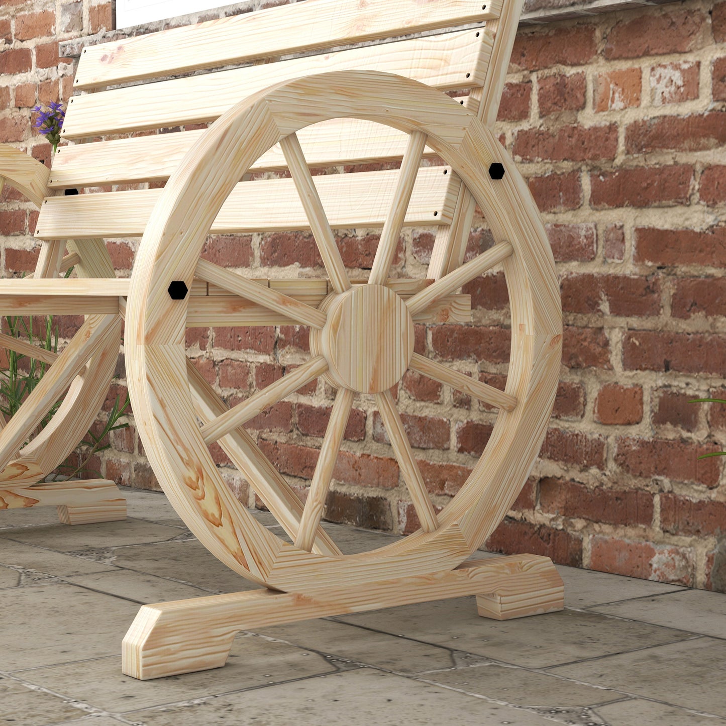 Outsunny Wagon Wheel Chair Bench With Armrests Rustic Loveseat For Outdoor Garden Patio Natural Wood Finish