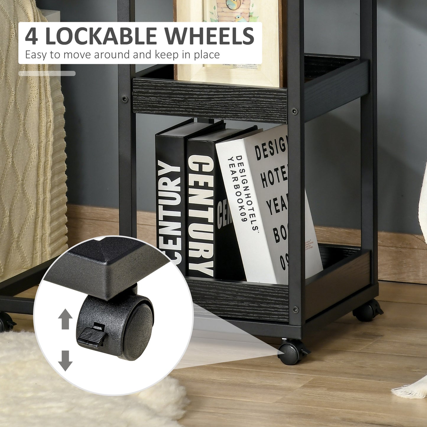 HOMCOM Mobile Sofa Side Table Set Of Two Industrial C Shaped Rolling Tables With 3 Tier Storage Dark Brown