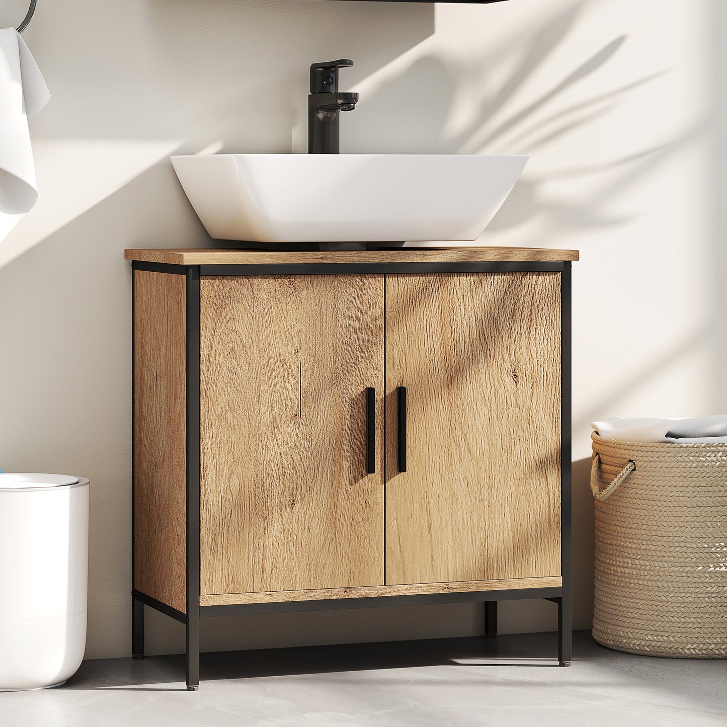 HOMCOM Bathroom Vanity Unit Under Sink Storage Cabinet With Two Doors Adjustable Shelf For Basin Without Pedestal Oak