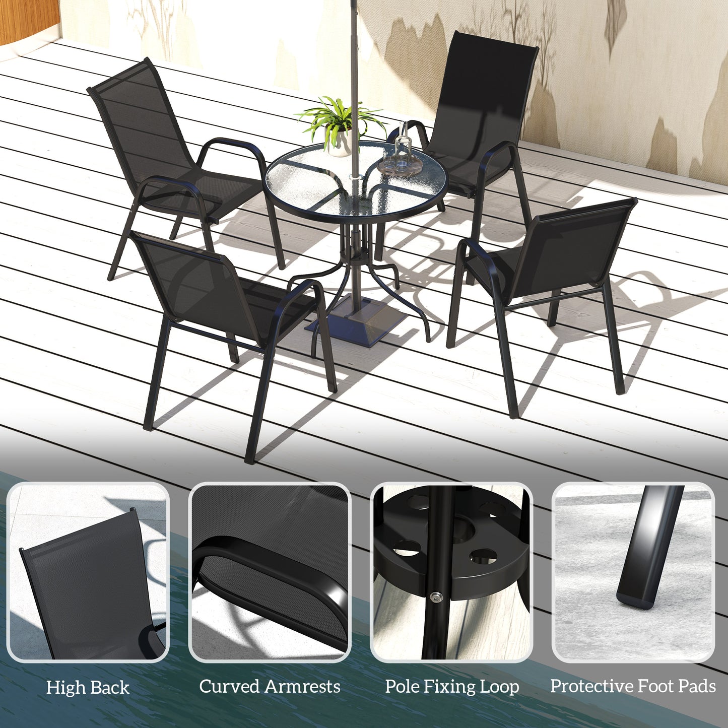 Outsunny Five Piece Steel Outdoor Patio Set With Round Glass Top Table And Stackable Chairs Black