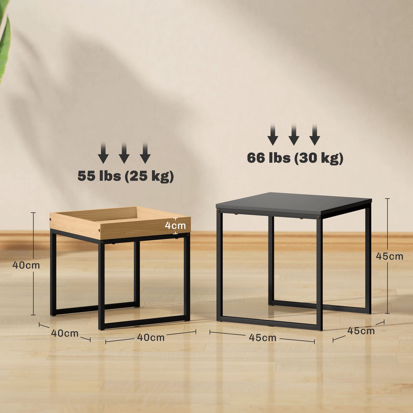 HOMCOM Set Of Two Boxy Nesting Tables Black And Wood Effect Tray Top End Tables Versatile