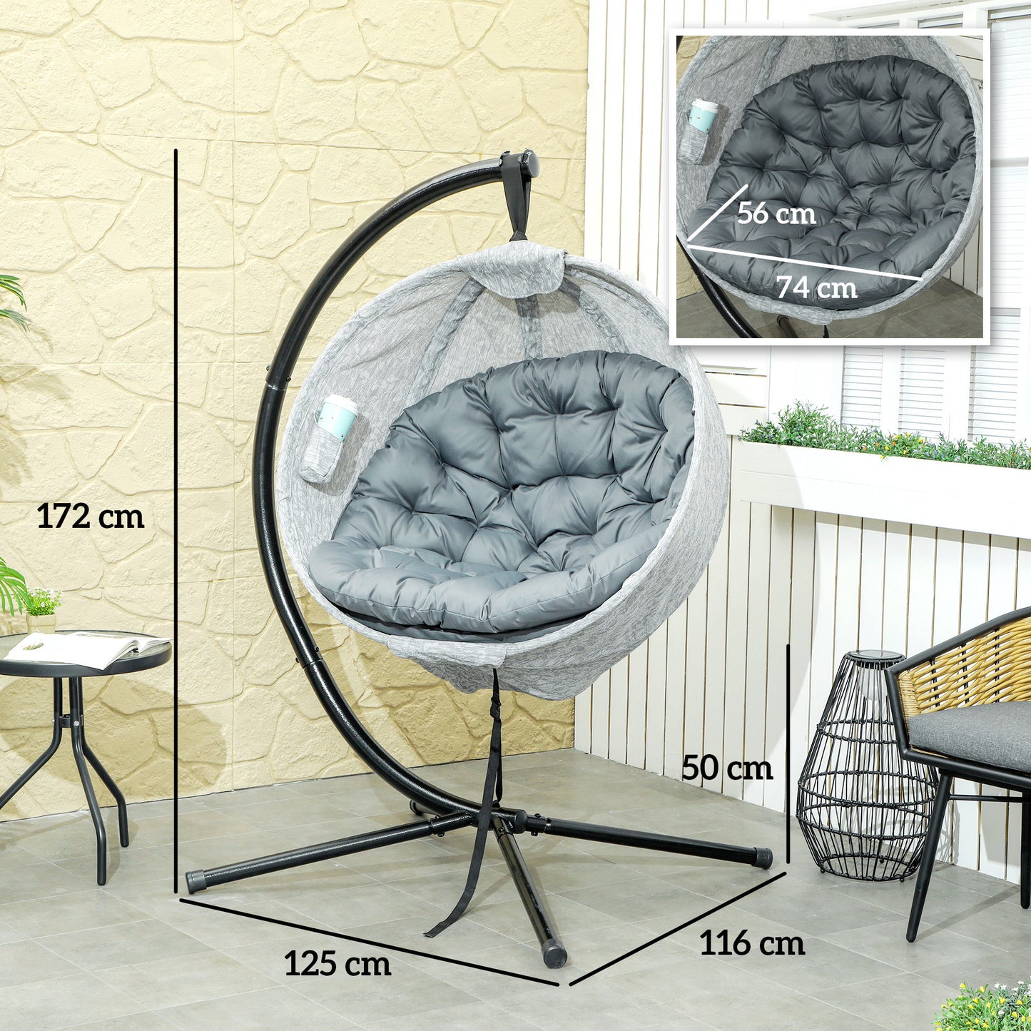 Outsunny Hanging Egg Chair for Patio Outdoor Indoor Garden Swing with Folding Basket Thick Cushion Cup Holder Grey
