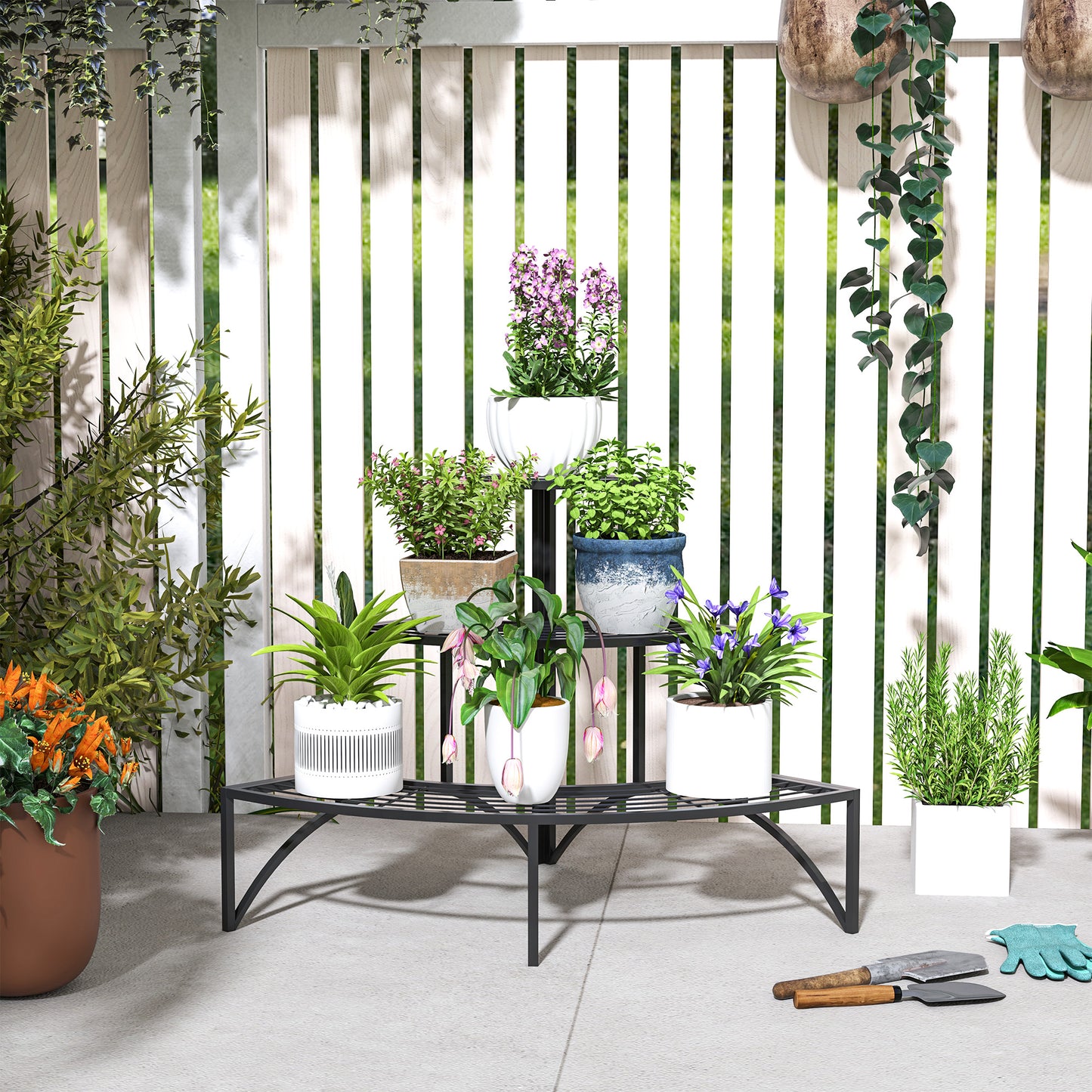 Outsunny Black Three Tier Corner Metal Plant Shelf Stand Rust Resistant Powder Coated Finish